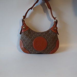 Womens Michael Kors Brown Taupe Canvas Leather Signature Shoulder Hobo Handbag *